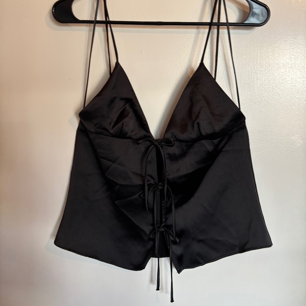 Zara Black Satin Tie Front Tank Top Cami Y2K Minimalist Going Out